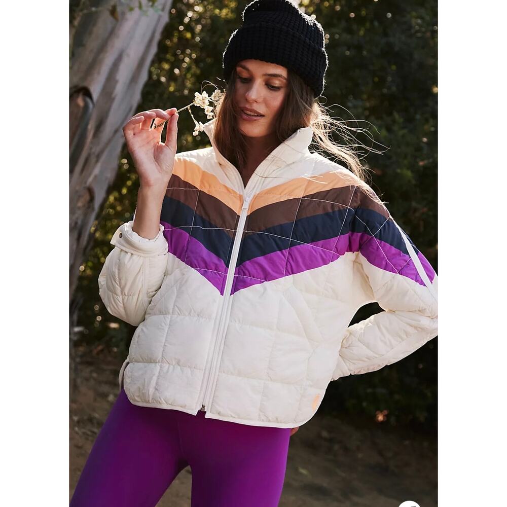 Free People X Hatch NWT Printed Puffer Full Zip Jacket Ivory Chevron size Small